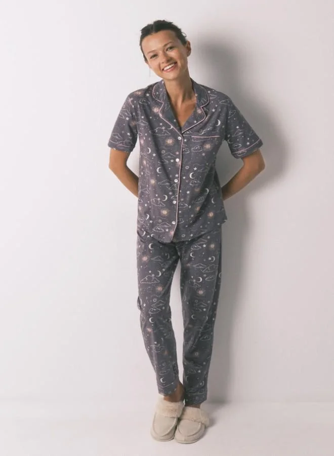women'secret 100% cotton grey astral print classic pyjamas